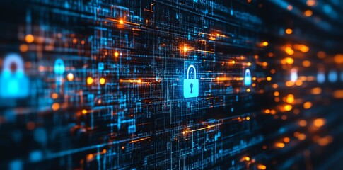 Poster - Abstract digital background with glowing lines, and padlock symbols representing security and data protection in a modern technological world.