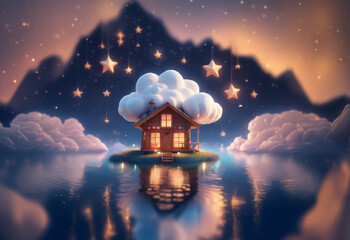 Wall Mural - a small cottage sits on a fluffy cloud surrounded by glowing stars in a night sky. the scene is refl