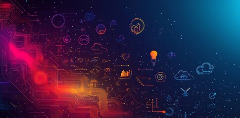 Poster - Abstract background with colorful technology icons and network lines.
