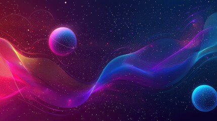 Wall Mural - abstract cosmic background with glowing lines and planets.