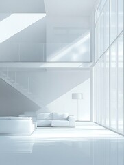 Wall Mural - A minimalist white interior with sleek glass walls, perfect for creating an open and airy feel in the living room of your villa or apartment. generative ai