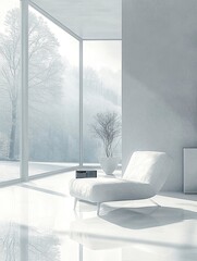 Wall Mural - A minimalist white interior with sleek glass walls, perfect for creating an open and airy feel in the living room of your villa or apartment. generative ai