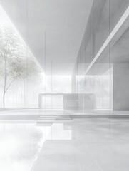 Wall Mural - A minimalist white interior with sleek glass walls, perfect for creating an open and airy feel in the living room of your villa or apartment. generative ai