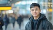 © J. Grayscale - Young Man Smiling in a Busy Airport Terminal with a Modern Background