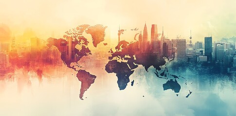 Fototapete - A world map overlayed with a cityscape silhouette, with a watercolor effect in the background.