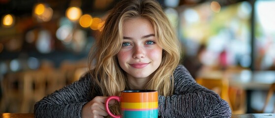 Poster - A young woman smiles as she holds a colorful mug. AI.