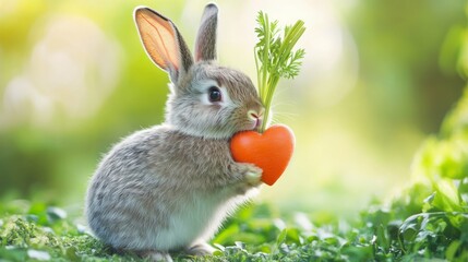 A cute bunny rabbit holds a heart-shaped carrot.