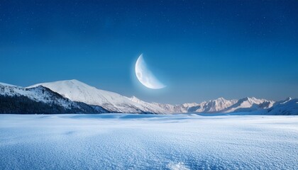 冬の夜空に浮かぶ半月、雪山と雪原を照らす月光