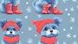 © NeuralNiche - Seamless pattern featuring blue fluffy dog wearing a red cap and boots ideal for festive textile designs