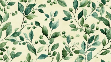 Seamless watercolor pattern featuring green winter leaves branches and mistletoe berries ideal for wedding invitations and seasonal promotions