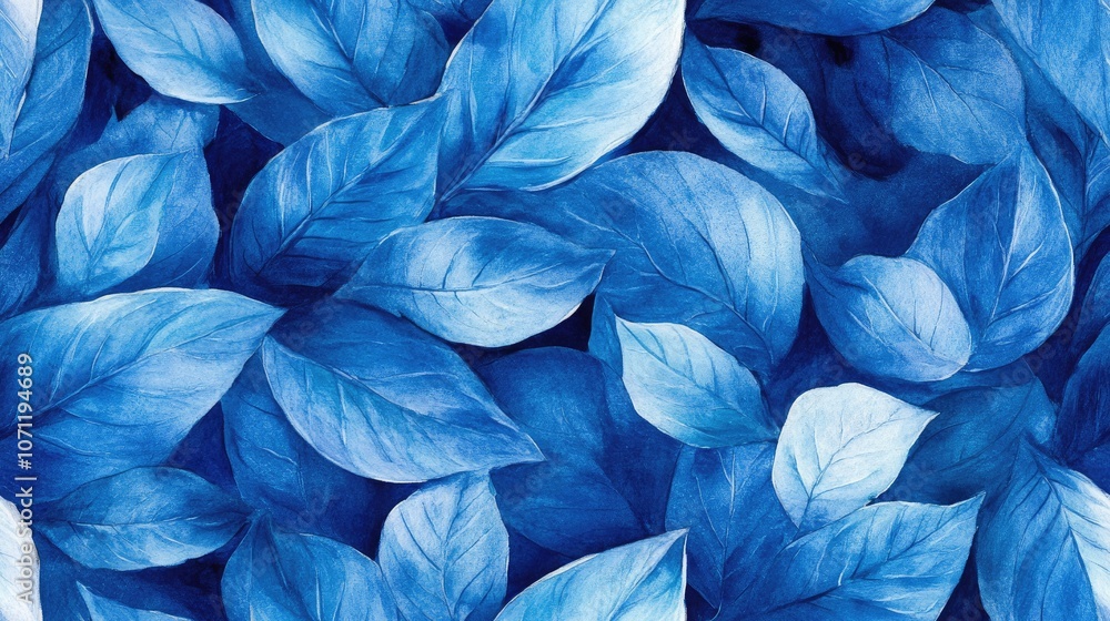 Seamless pattern of vibrant blue watercolor leaves creating a ...
