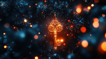 Wall Mural - a glowing golden key hangs from a tree branch against a bokeh background.