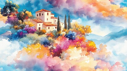 Colorful watercolor abstract pattern depicting a Mediterranean landscape with vibrant skies clouds and floral elements for home decor