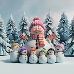 Wall Mural - Whimsical Snowman Family in Winter Wonderland