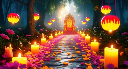 Golden Buddha statue, illuminated temple interior, rows of glowing candles, reflective water surface, mystical atmosphere, floating lanterns, spiritual pathway, warm orange light, serene meditation sp