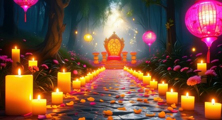 Golden Buddha statue, illuminated temple interior, rows of glowing candles, reflective water surface, mystical atmosphere, floating lanterns, spiritual pathway, warm orange light, serene meditation sp