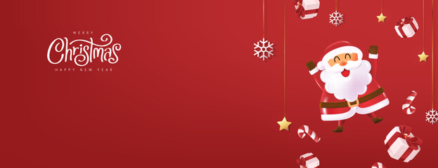 Wall Mural - merry christmas greeting card banner with cute funny santa claus and festive decoration for christma