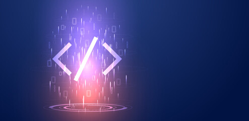 Abstract code binary number with glowing light. Digital data and software development background.