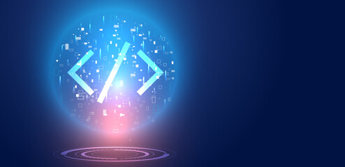 Abstract code binary number with glowing light. Digital data and software development background.