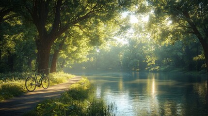 Poster - Tranquil River Path with a Bicycle