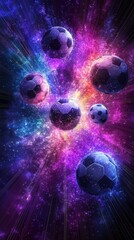 Wall Mural - cosmic soccer balls in vibrant space: stellar explosion nebula art featuring floating soccer balls s
