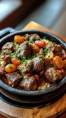 Delicious couscous dish with tender meat and fresh cherry tomatoes garnished with herbs