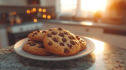 A plate of freshly baked chocolate chip cookies on a kitchen counter with a warm, inviting sunset light.