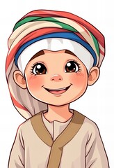 cartoon boy in a colorful hat and scarf.