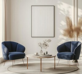 Two blue velvet armchairs with gold legs sit facing each other around a round coffee table with a vase of greenery and decorative objects. in front of a white wall with a large empty frame