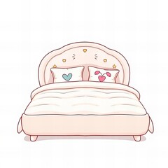 Wall Mural - cartoon illustration of a bed with two pillows and a heart pillow.