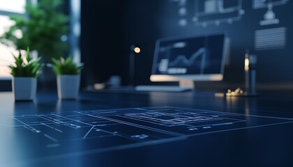 Leinwandbilder - A modern workspace features a sleek desk with digital graphs, plants, and a computer set against a high-tech backdrop, perfect for productivity and innovation.