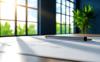 Poster - A cozy workspace featuring a detailed blueprint, a pen, and vibrant green plants, bathed in natural sunlight from large windows.
