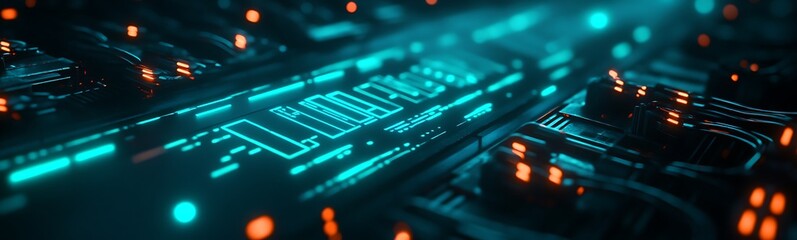 Poster - A close-up view of a futuristic circuit board illuminated with glowing blue and orange lights, showcasing intricate patterns and technology.