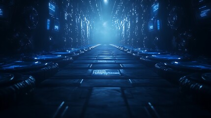 Poster - A futuristic, illuminated corridor with glowing blue lights and a mysterious atmosphere, leading into an unknown depth.