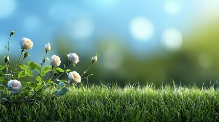 Poster - Wild roses scattered across a green meadow