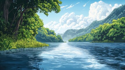 Wall Mural - Serene river winding through lush green hills under a blue sky.