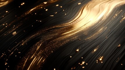 Wall Mural - Abstract black and gold textured background with flowing lines and shimmering gold particles.