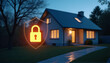 © LuisAlfonso - A modern smart home with a glowing padlock and shield overlaid on it symbolizes a safe and secure home.