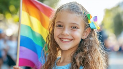 A young girl holding a rainbow flag, smiling brightly at a pride parade