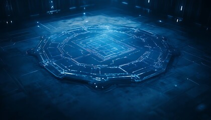 Poster - A glowing, futuristic circular pattern on a dark surface, illuminated in blue light, evoking a sense of advanced technology and digital brilliance.