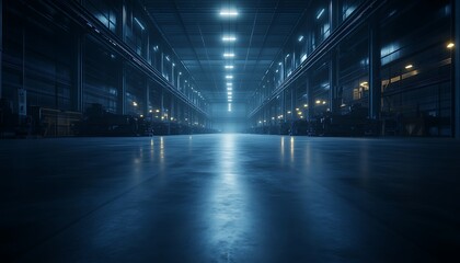 Fototapete - A dimly lit industrial warehouse with reflective floors and bright overhead lights, creating a mysterious and expansive atmosphere.
