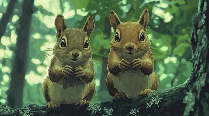 Wall Mural - Two cute squirrels sitting on a tree branch in a forest.