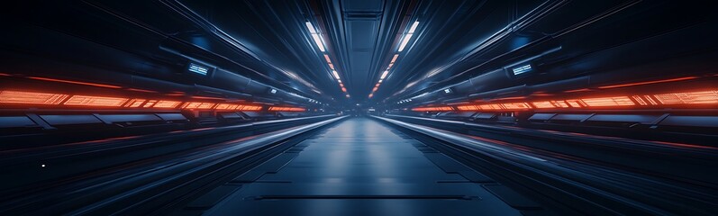 Fototapete - A futuristic, high-tech corridor illuminated with vibrant lights, showcasing a sleek design and an expansive, dynamic perspective.