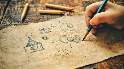 Wall Mural - a child's hand drawing with a pencil, showcasing simple shapes and figures