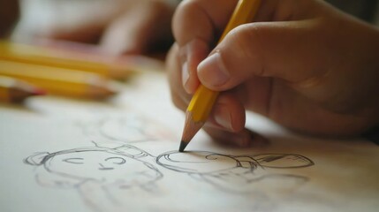 Wall Mural - a child's hand drawing with a pencil, showcasing simple shapes and figures