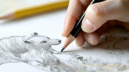 Wall Mural - a childâ€™s hand using a pencil to sketch their favorite animal, showcasing artistic expression
