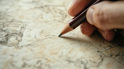 Wall Mural - a close-up of a hand holding a pencil, sketching delicate lines on textured paper