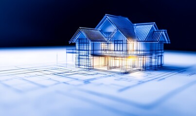 Poster - A 3D blueprint of a house illuminated against a dark background, showcasing architectural lines and design elements.