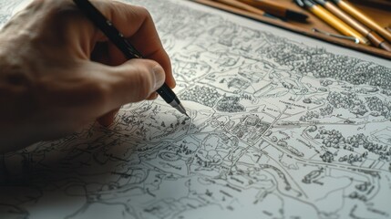 Wall Mural - a hand drawing a map from an aerial perspective, highlighting geographic features