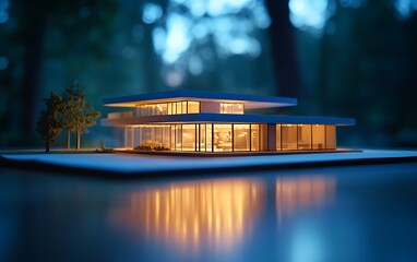 Aufkleber - A modern architectural model featuring large glass windows and a serene atmosphere, illuminated beautifully in a natural setting.